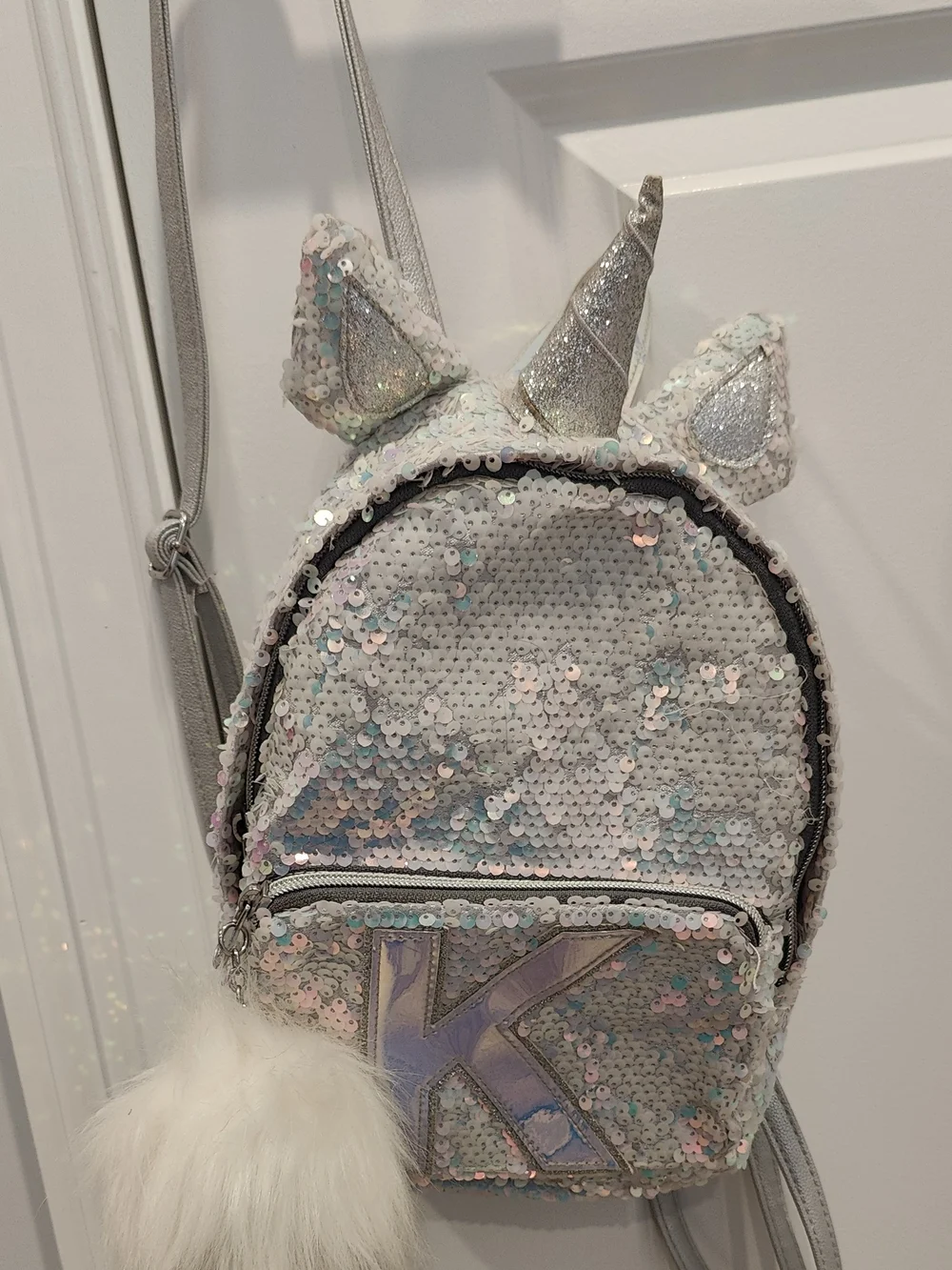 Justice Iridescent Sequin Unicorn Mini Backpack with Letter K And White Pom